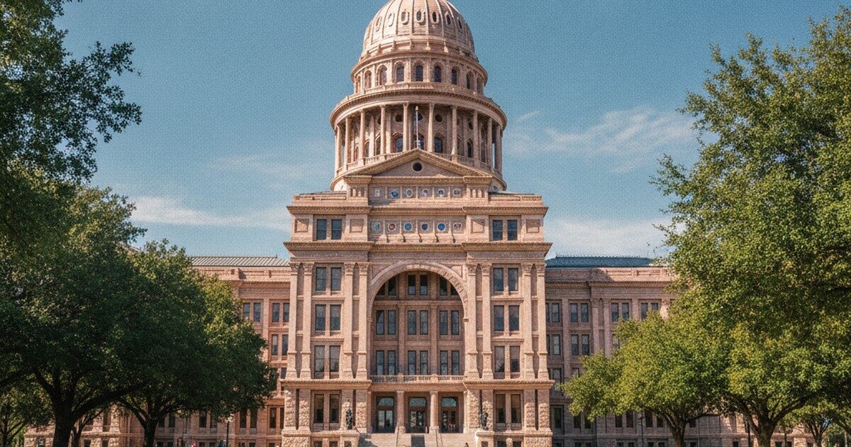 The Texas State Capitol building under a clear midday sky
