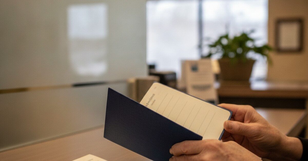 Hands opening a savings passbook at a credit union counter