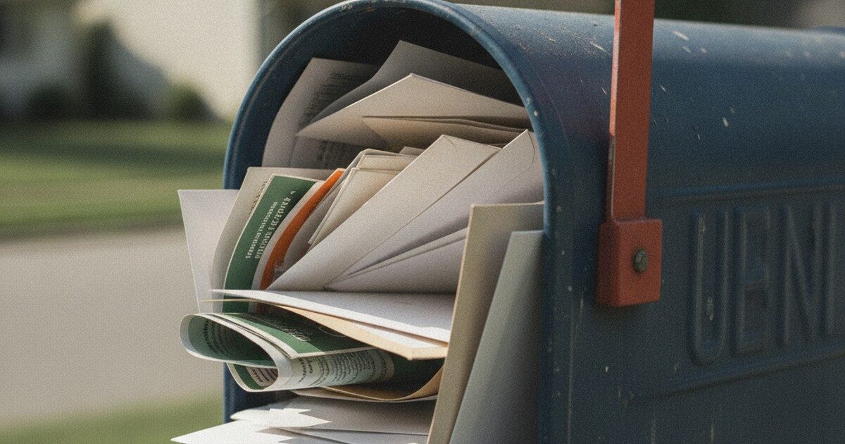 A residential mailbox overflowing with blank promotional mail