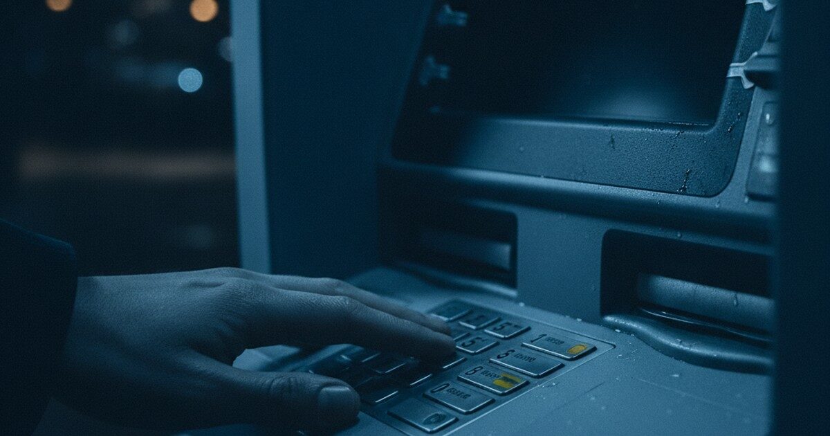 A hand inserting a blank debit card into an ATM at night
