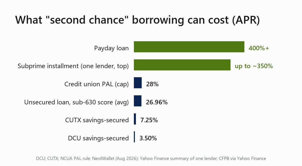 Bar chart of APRs: savings-secured loans at 3.50% and 7.25%, sub-630 unsecured average 26.96%, PAL cap 28%, one subprime lender up to about 350%, payday over 400%