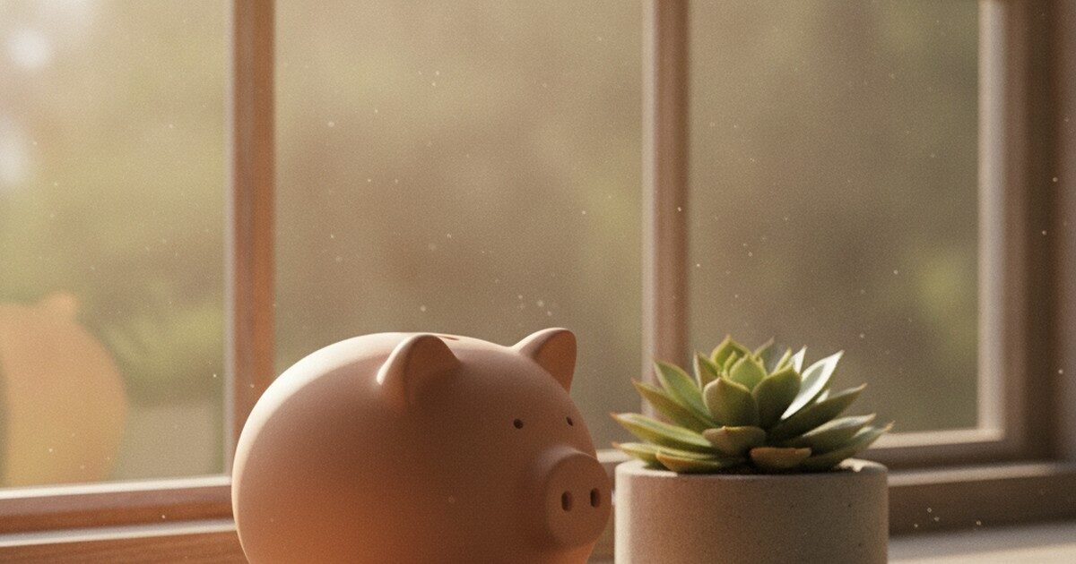 A ceramic piggy bank on a sunlit windowsill beside a plant