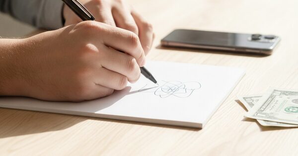 Hands working out numbers on paper with a pen at a table
