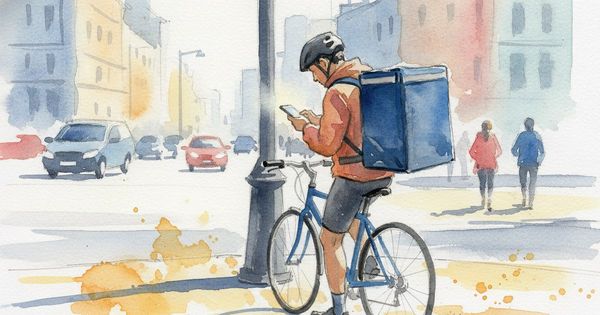 Watercolor painting of a delivery cyclist pausing on a city corner to check a phone