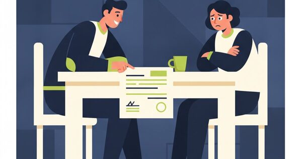 Two people at a table reviewing a loan document together, one hesitant
