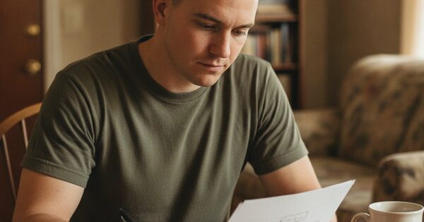A veteran reviewing paperwork at a kitchen table in warm light