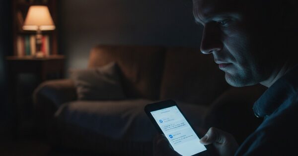 A person reading a loan-ad notification on a phone at night at home