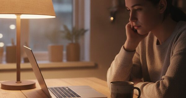 Person weighing a decision at a kitchen table with a laptop and bills at night