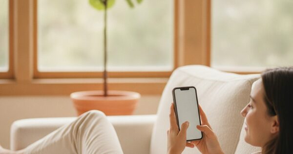 A relaxed person checking a phone on a couch in soft daylight