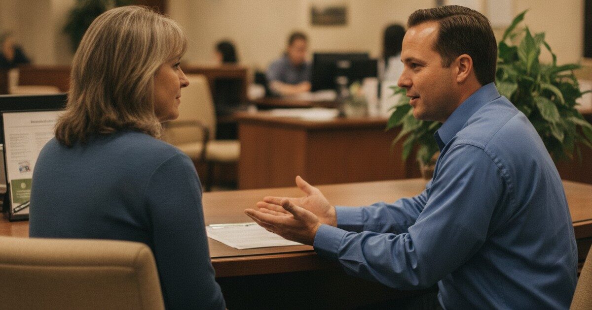 A person meeting a loan officer across a desk at a credit union