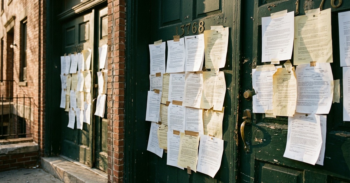Apartment door with a pay-or-quit notice taped to it under warm evening light, with the sender's address blurred