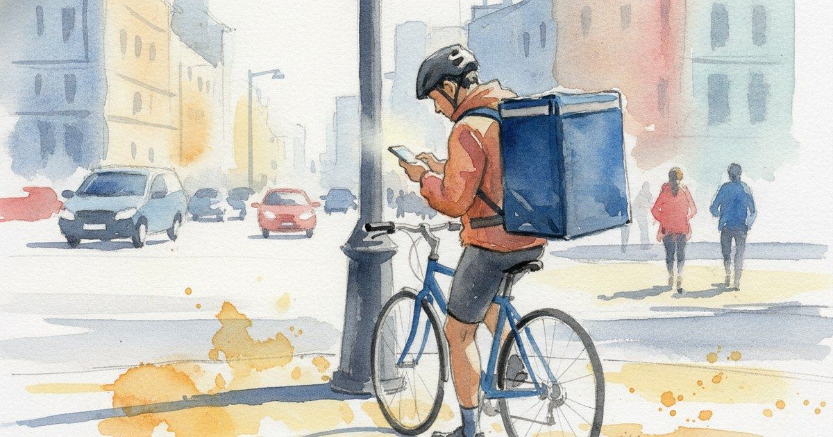 Watercolor painting of a delivery cyclist pausing on a city corner to check a phone