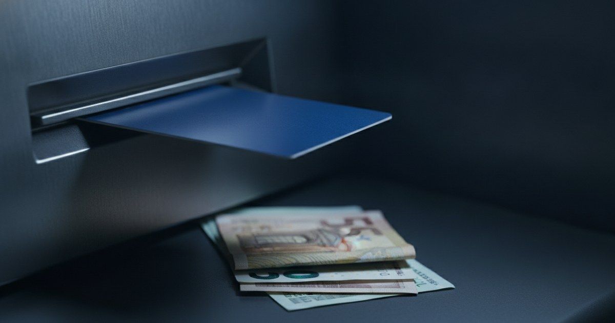 Macro studio shot of a credit card entering an ATM slot with cash bills fanned beside it