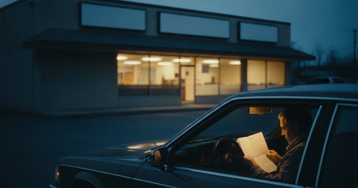 Small strip-mall loan storefront at dusk with a borrower reading paperwork in a parked car