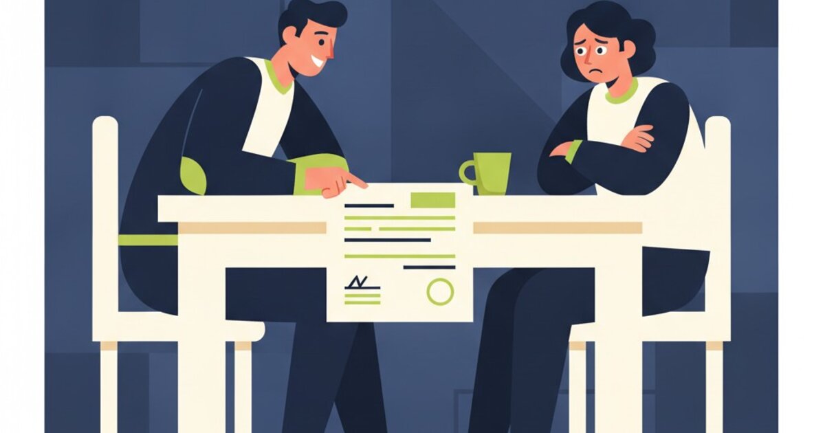 Two people at a table reviewing a loan document together, one hesitant