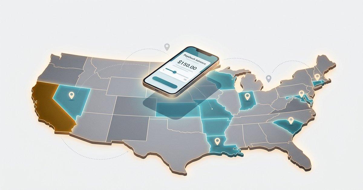 US map color-coded by EWA regulation type with a phone showing a payroll advance app on top