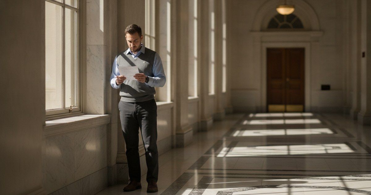 Federal office building hallway with an employee holding a pay stub near a window