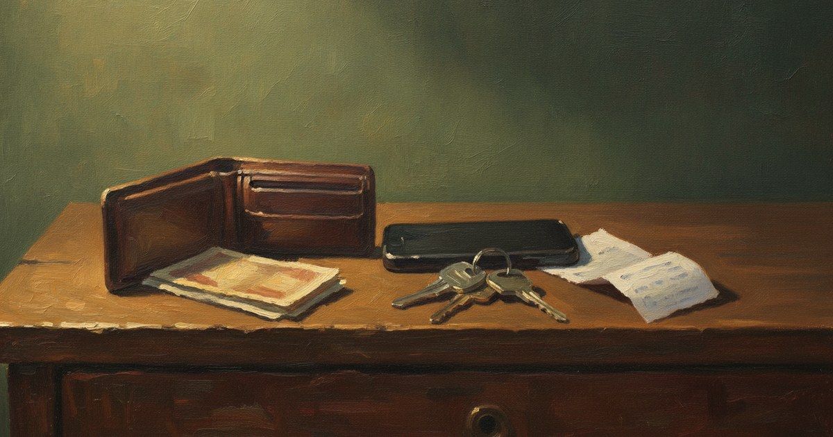 Painterly still life of an open wallet with a few bills, a phone and car keys on a wooden dresser