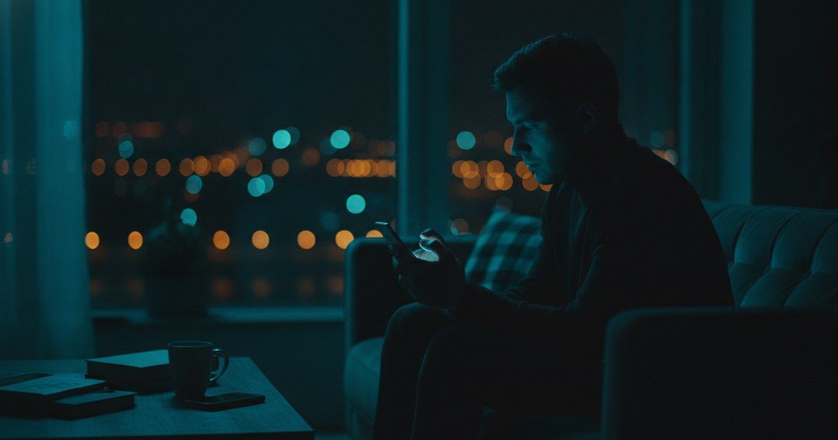 Person on a couch at night lit by a phone screen, scrolling loan ads