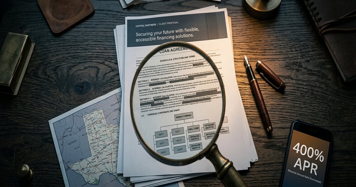Loan agreement with a tribal seal next to a state regulator license database screen, signaling the verification step